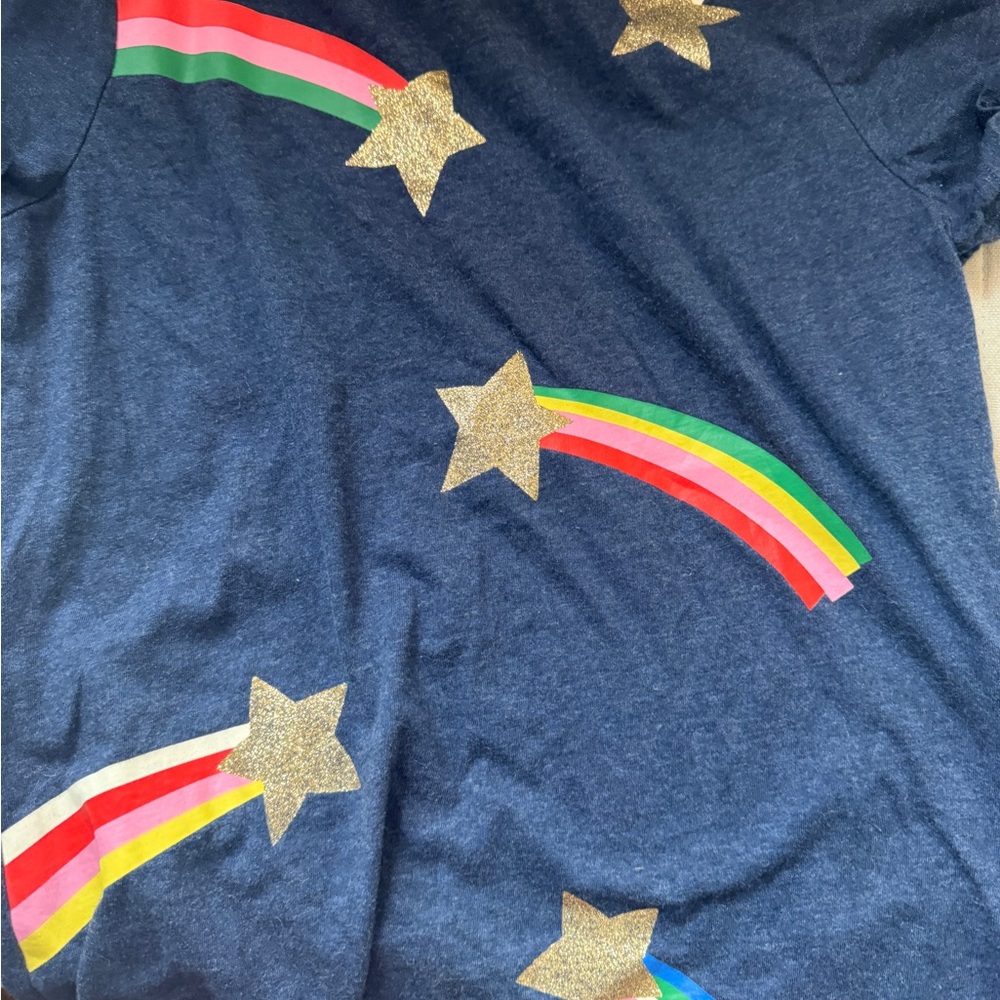 Boden Blue Tee with Gold Stars and Rainbow Stripes